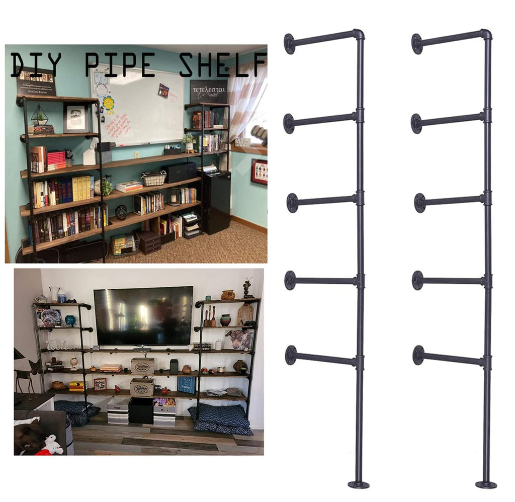 Black Iron Pipe Shelf Bracket, 2Pcs 5 Tier 70" Tall 12" Deep Y82055