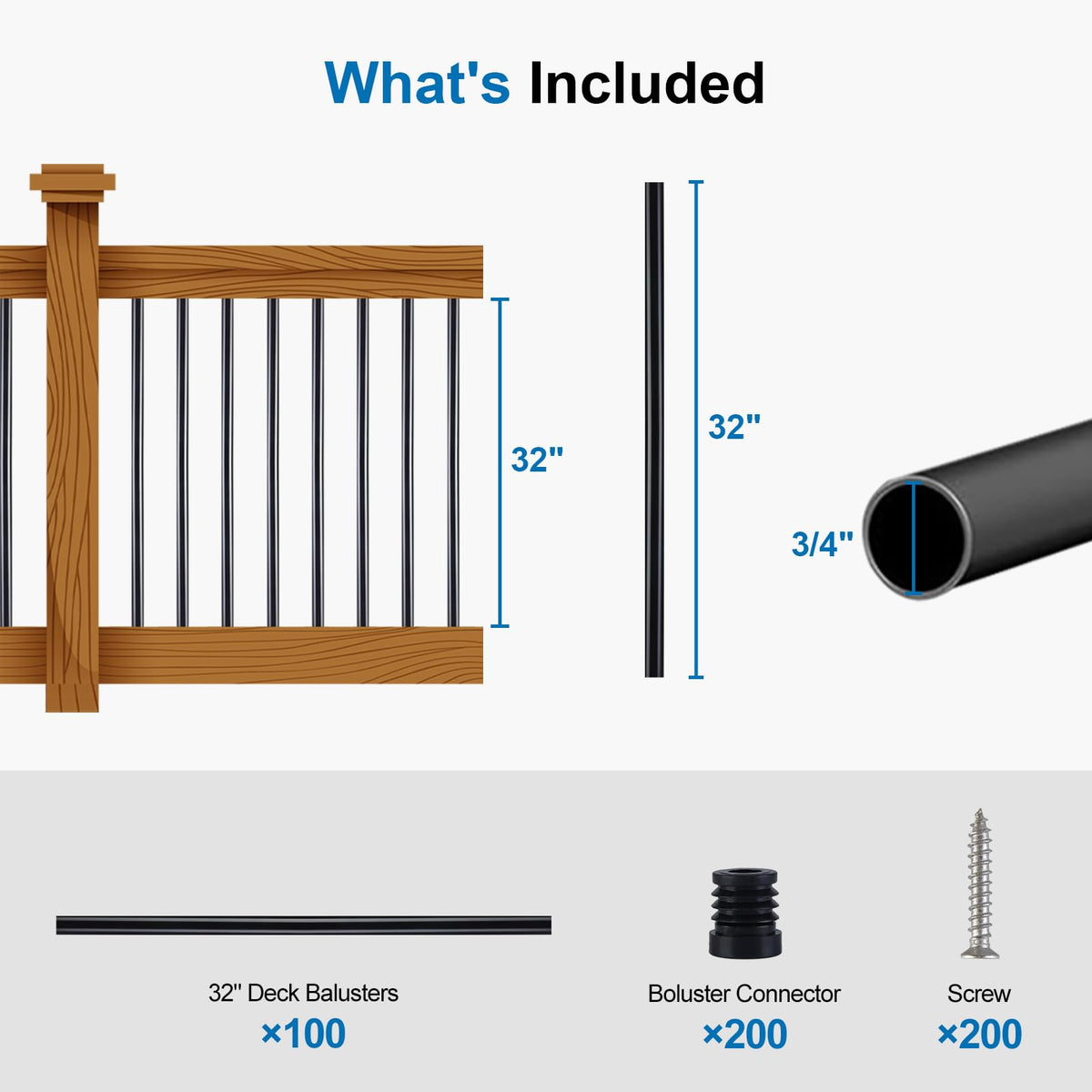 Black Aluminum Deck Balusters 32in x 3/4in 100 Pack P28614