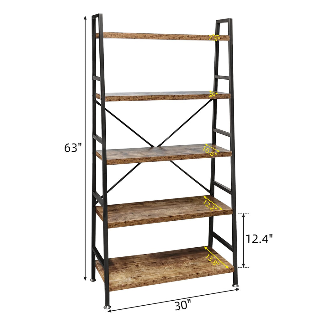 5 Tier Rustic Brown Wood and Metal Bookshelf E49880