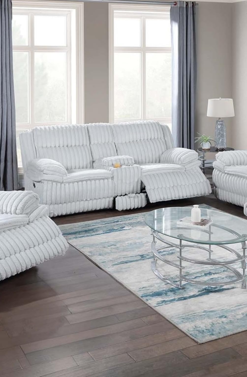 Light Gray Corduroy Reclining Loveseat with Console and Drawer Storage D11640