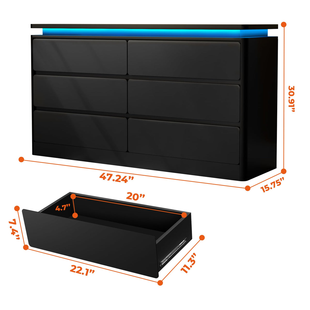 Black 6 Drawer Wood Dresser with Charging Station X6183