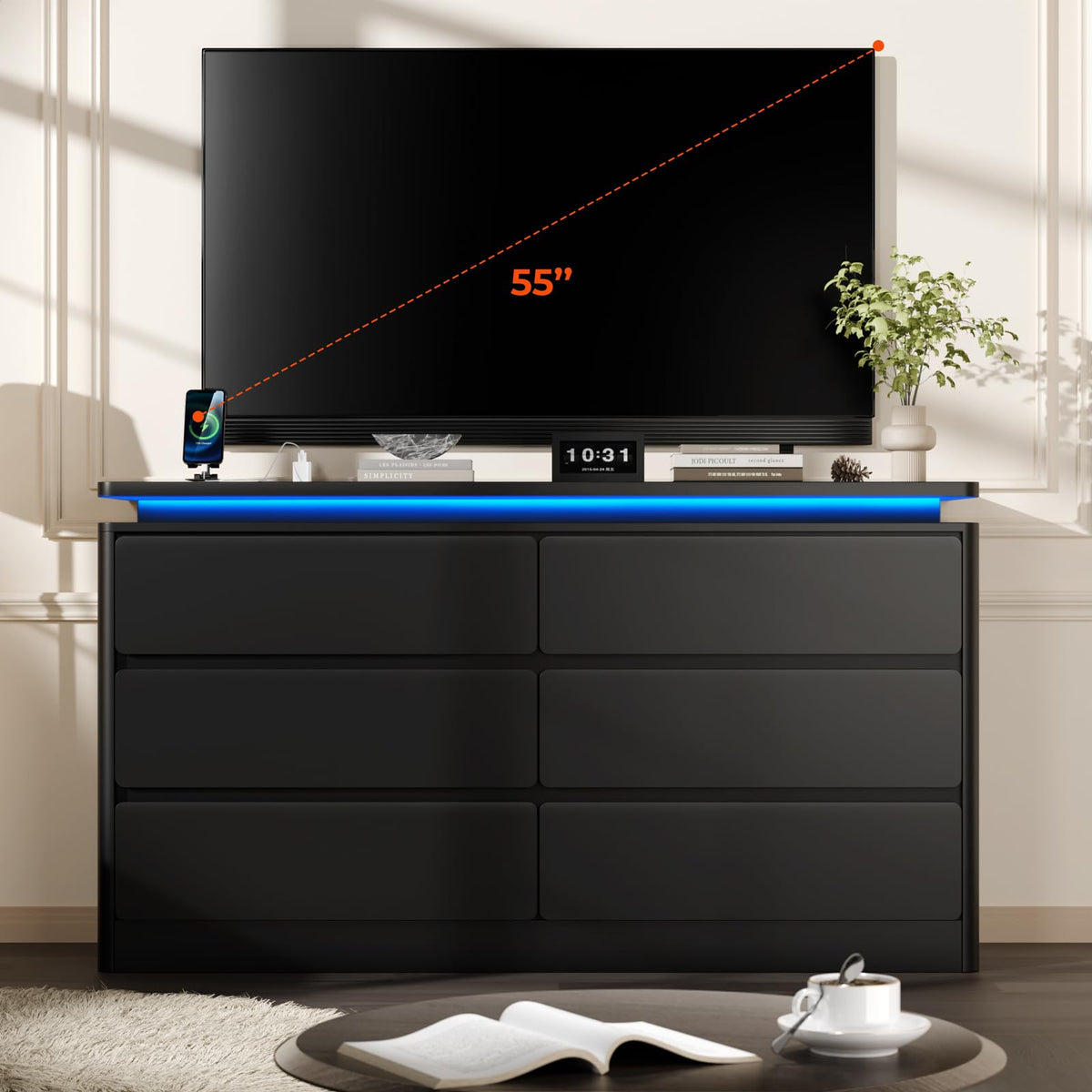 Black 6 Drawer Wood Dresser with Charging Station X6183