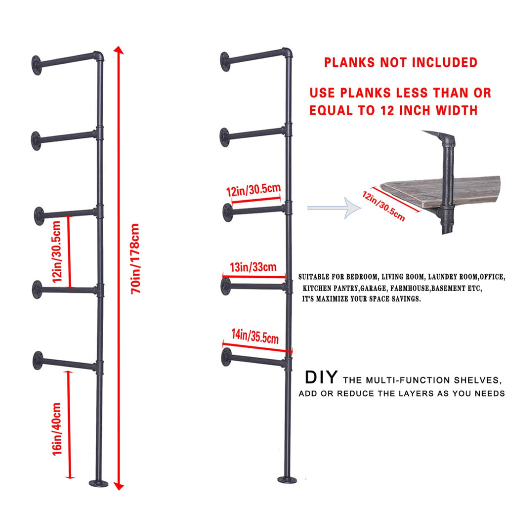 Black Iron Pipe Shelf Bracket, 2Pcs 5 Tier 70" Tall 12" Deep Y82055