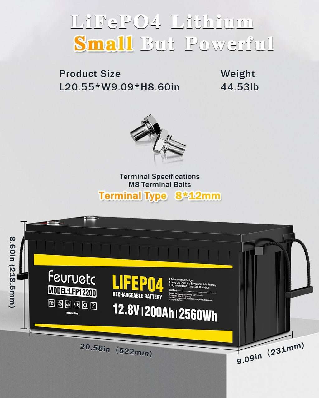 12V 200Ah LiFePO4 Deep Cycle Lithium Battery with 200A BMS V877