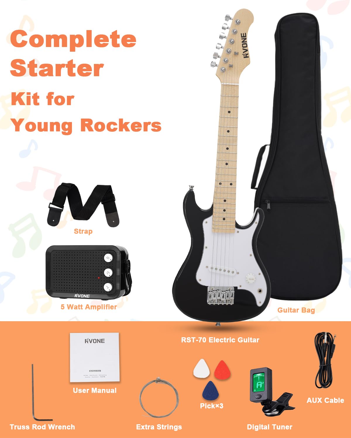 30 Inch Kids Electric Guitar Kit with 5W Amp Black K301
