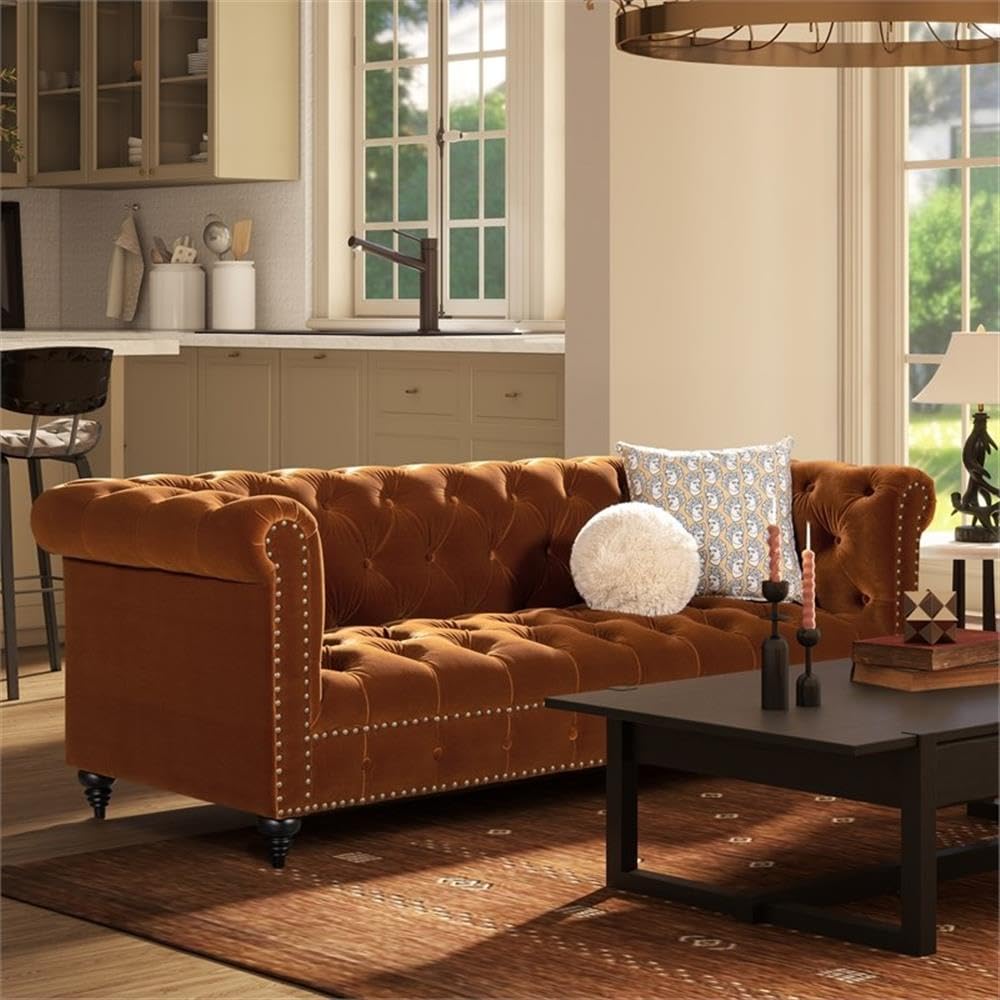 Burnt Orange Velvet Tufted Chesterfield Sofa R258251