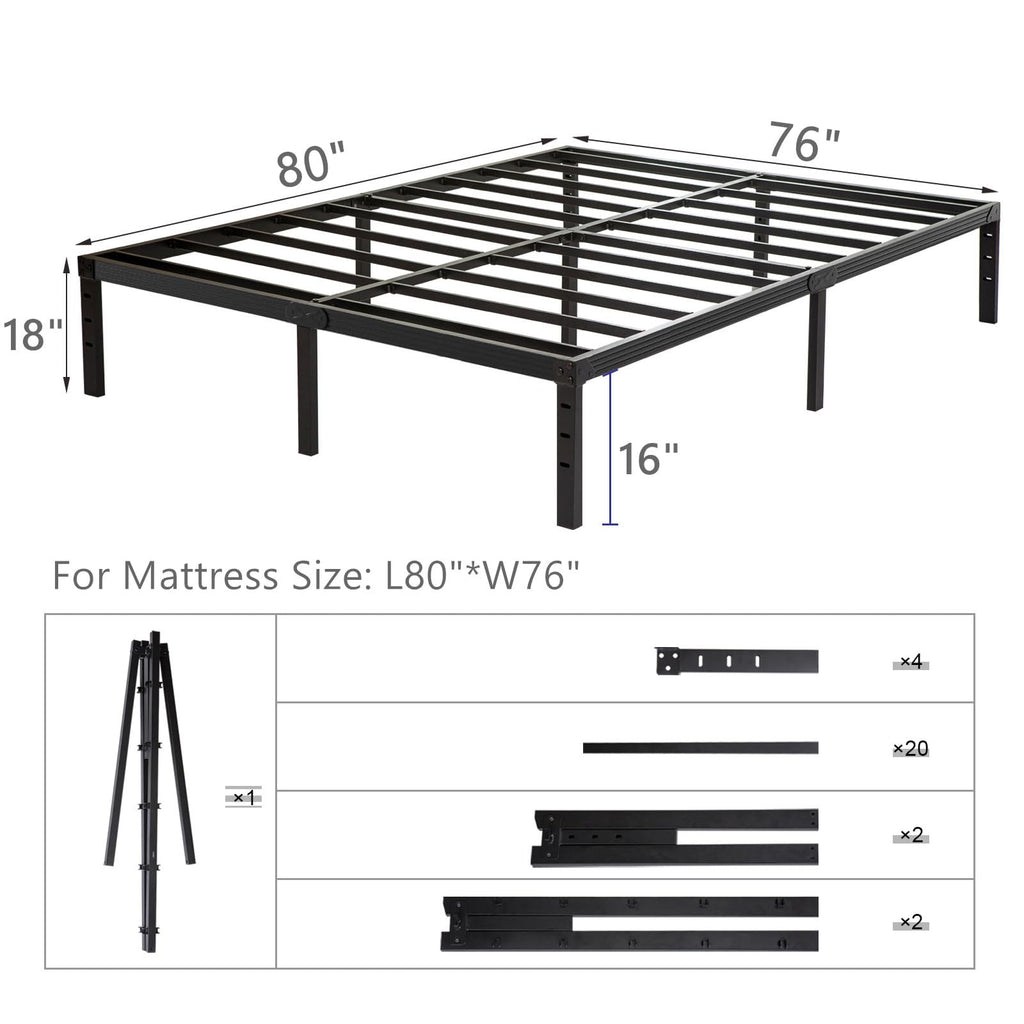 King Size 18 inch Tall Heavy Duty Metal Platform Bed Frame with Steel Slats Support Black P773