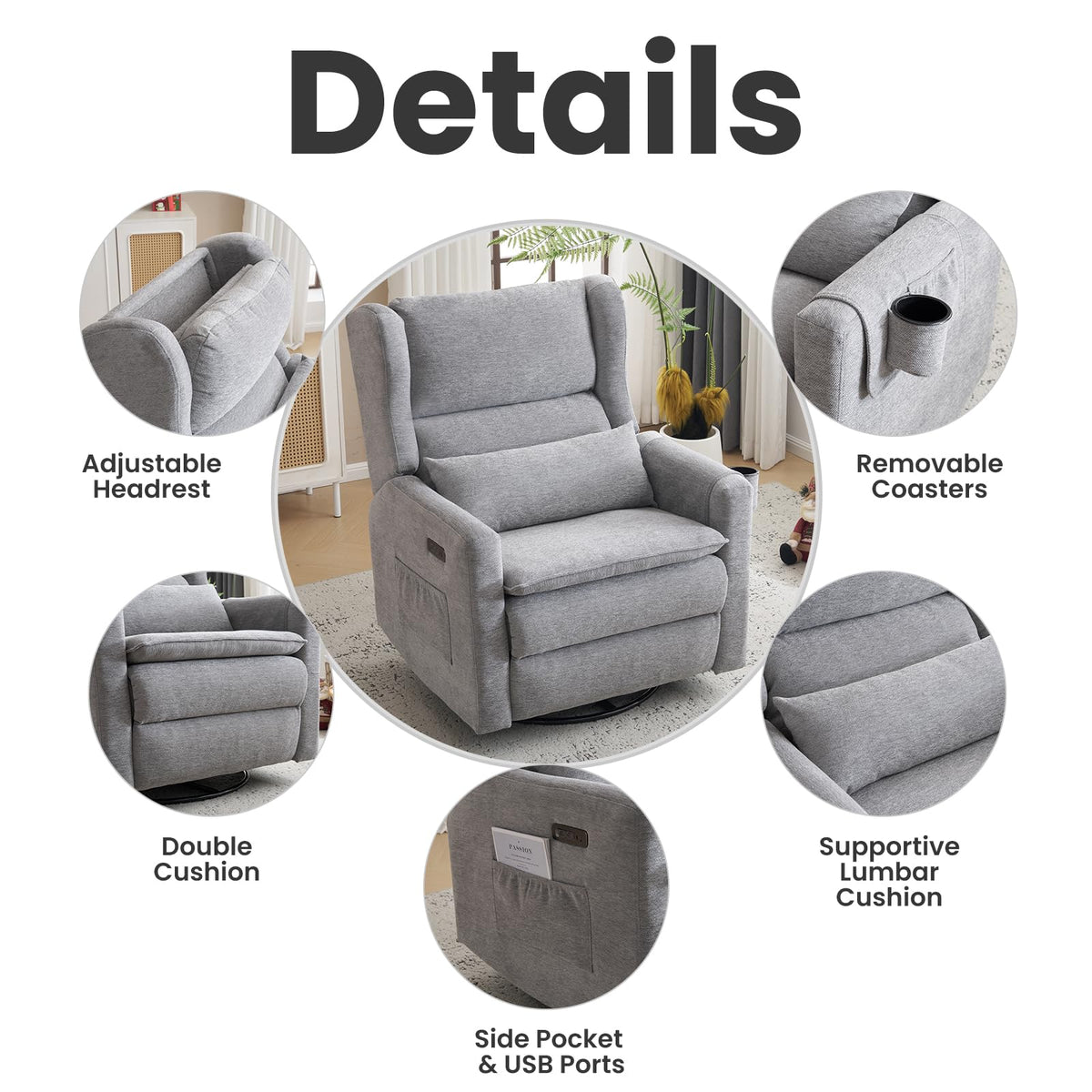 Oversized Swivel Rocker Recliner with Adjustable Headrest M1168