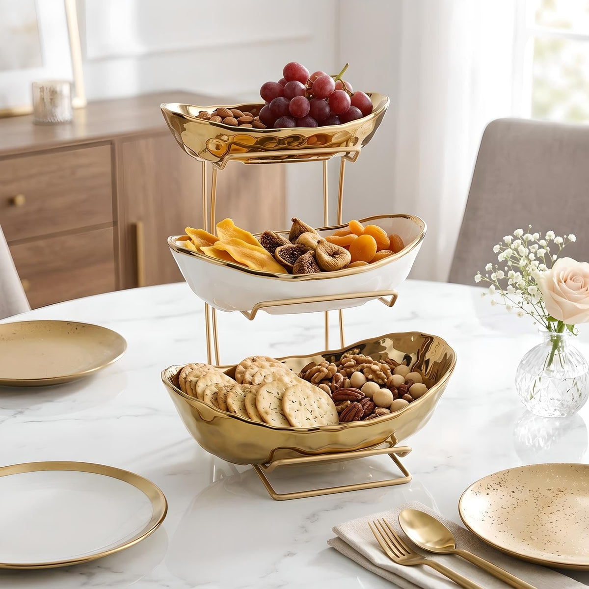 3 Tier White Gold Ceramic Fruit Bowl A9805
