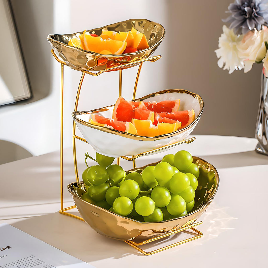 3 Tier White Gold Ceramic Fruit Bowl A9805