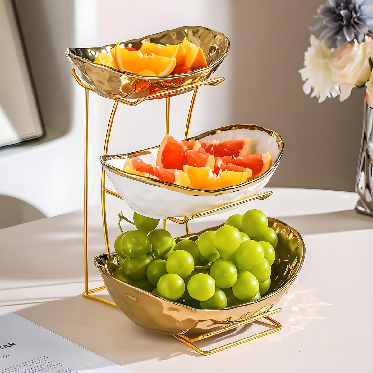 3 Tier White Gold Ceramic Fruit Bowl A9805