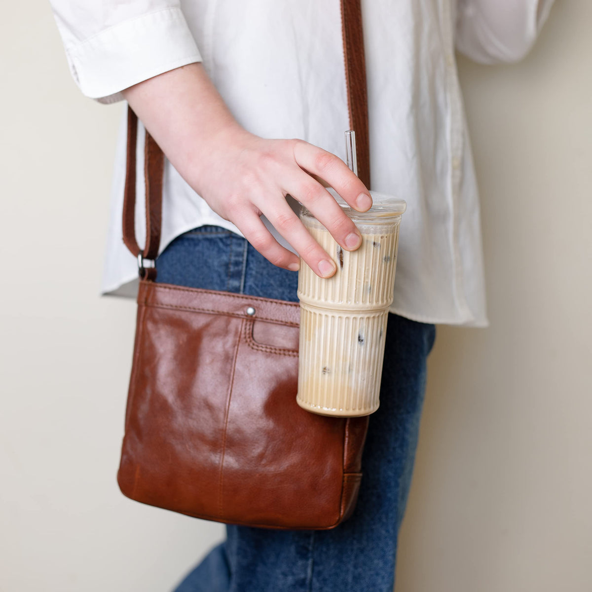 Glass Iced Coffee Cup with Lid and Straw, Set of 2 I658