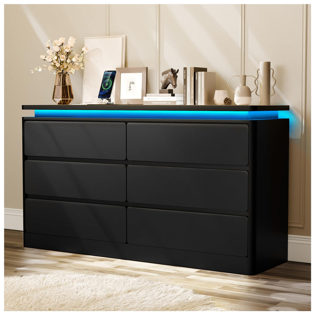 Black 6 Drawer Wood Dresser with Charging Station X6183