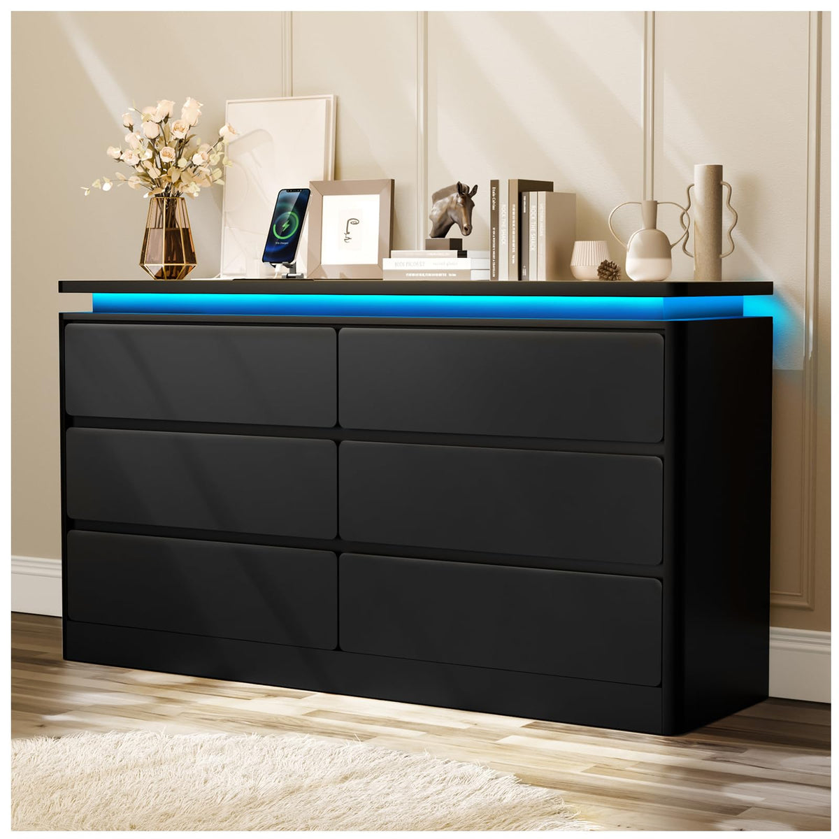 Black 6 Drawer Wood Dresser with Charging Station X6183