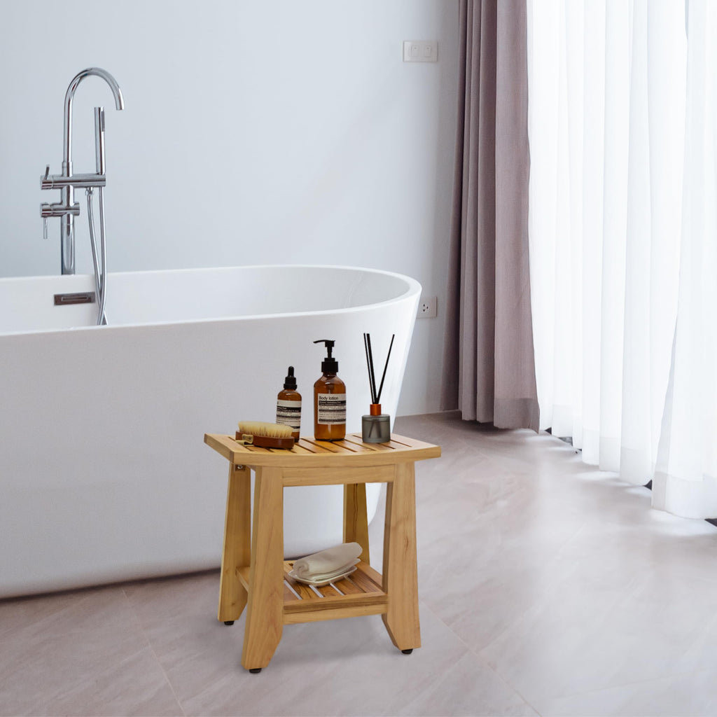 14'' Waterproof Teak Shower Bench with Storage Shelf X1191
