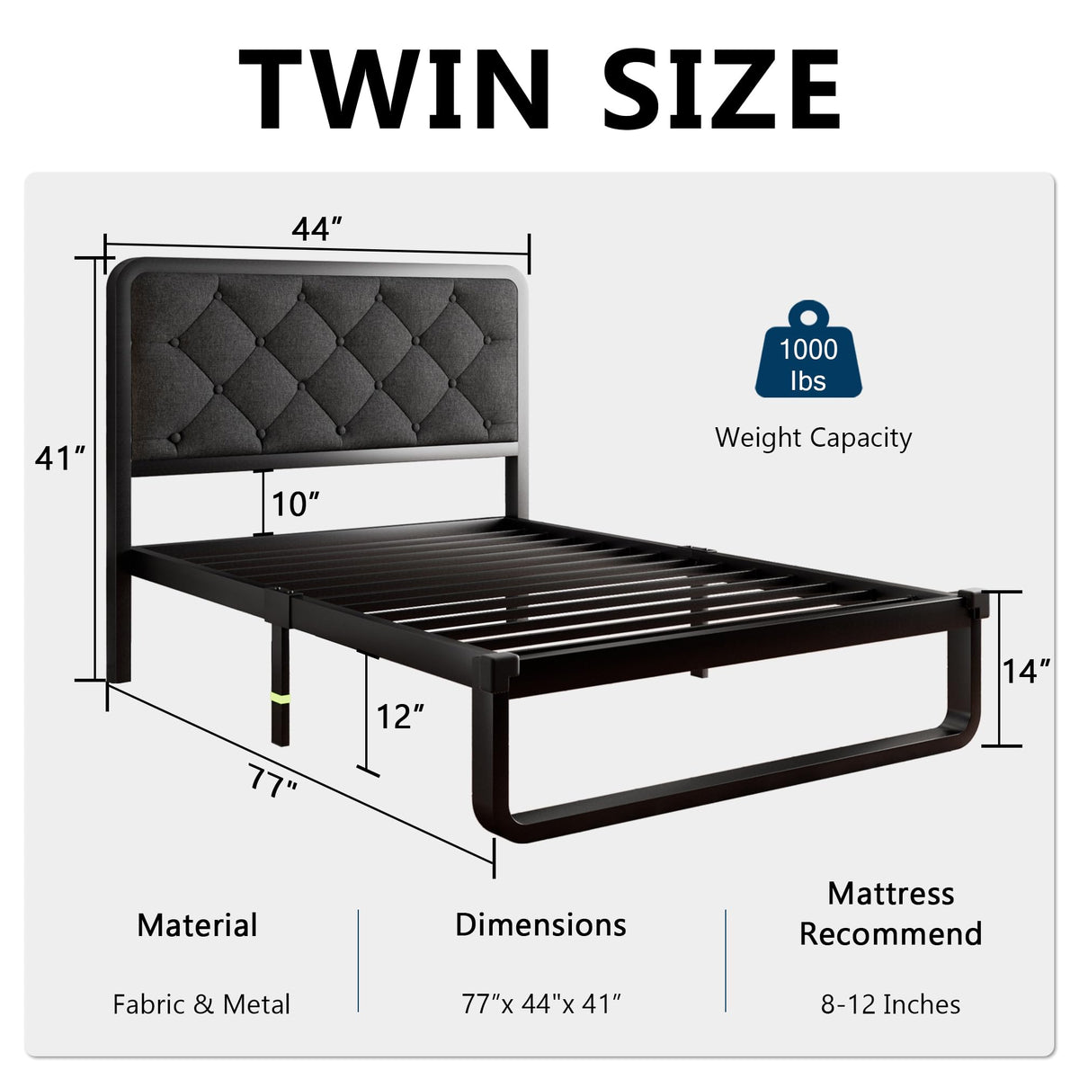 Twin Metal Platform Bed Frame with Linen Upholstered Headboard P9103