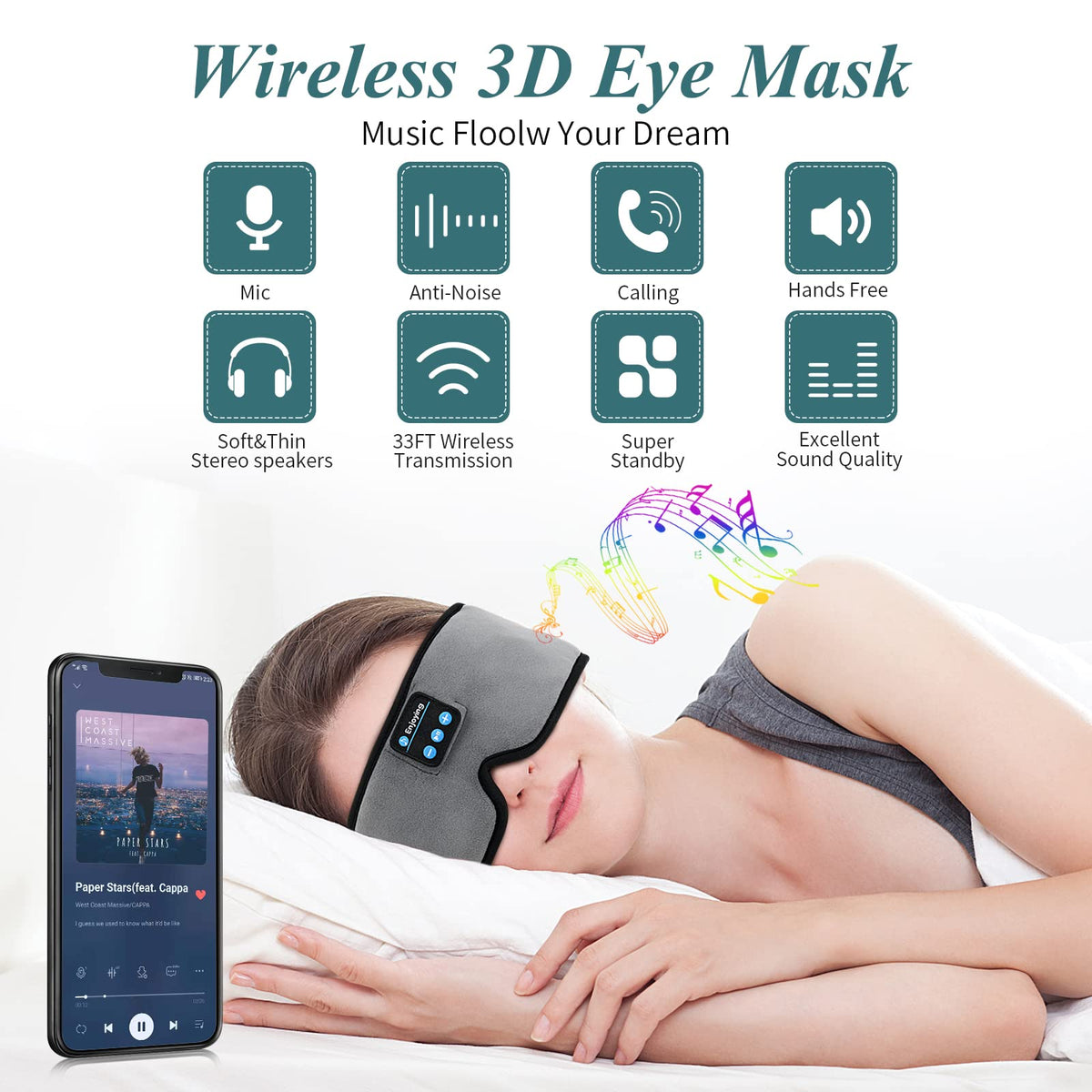 Wireless 3D Eye Mask Sleep Headphones Grey U115