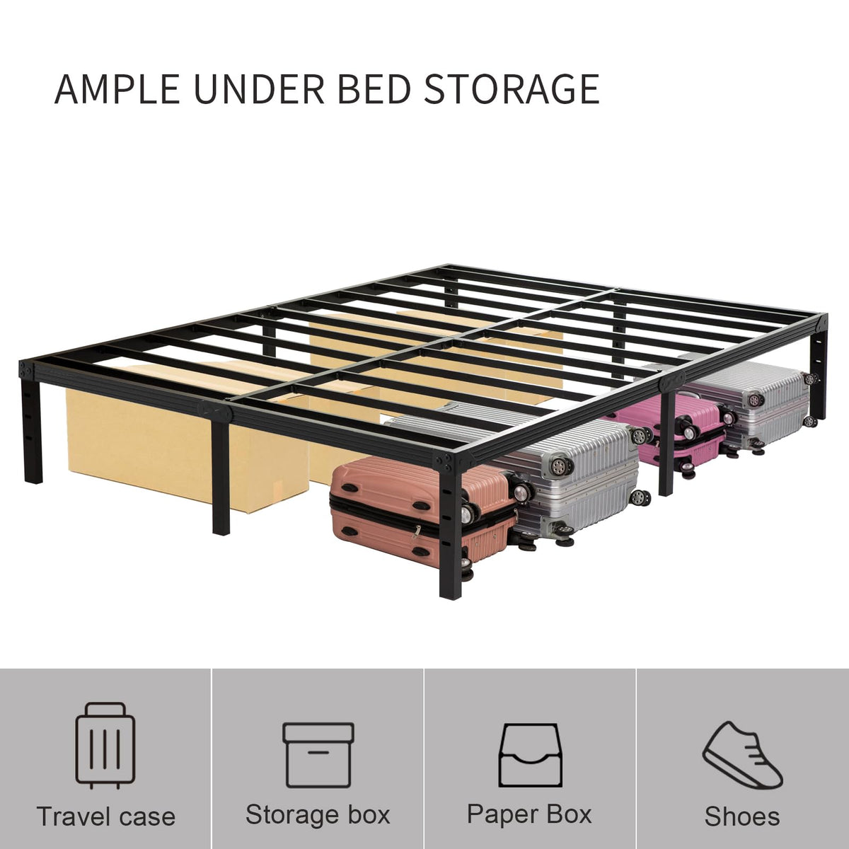 King Size 18 inch Tall Heavy Duty Metal Platform Bed Frame with Steel Slats Support Black P773