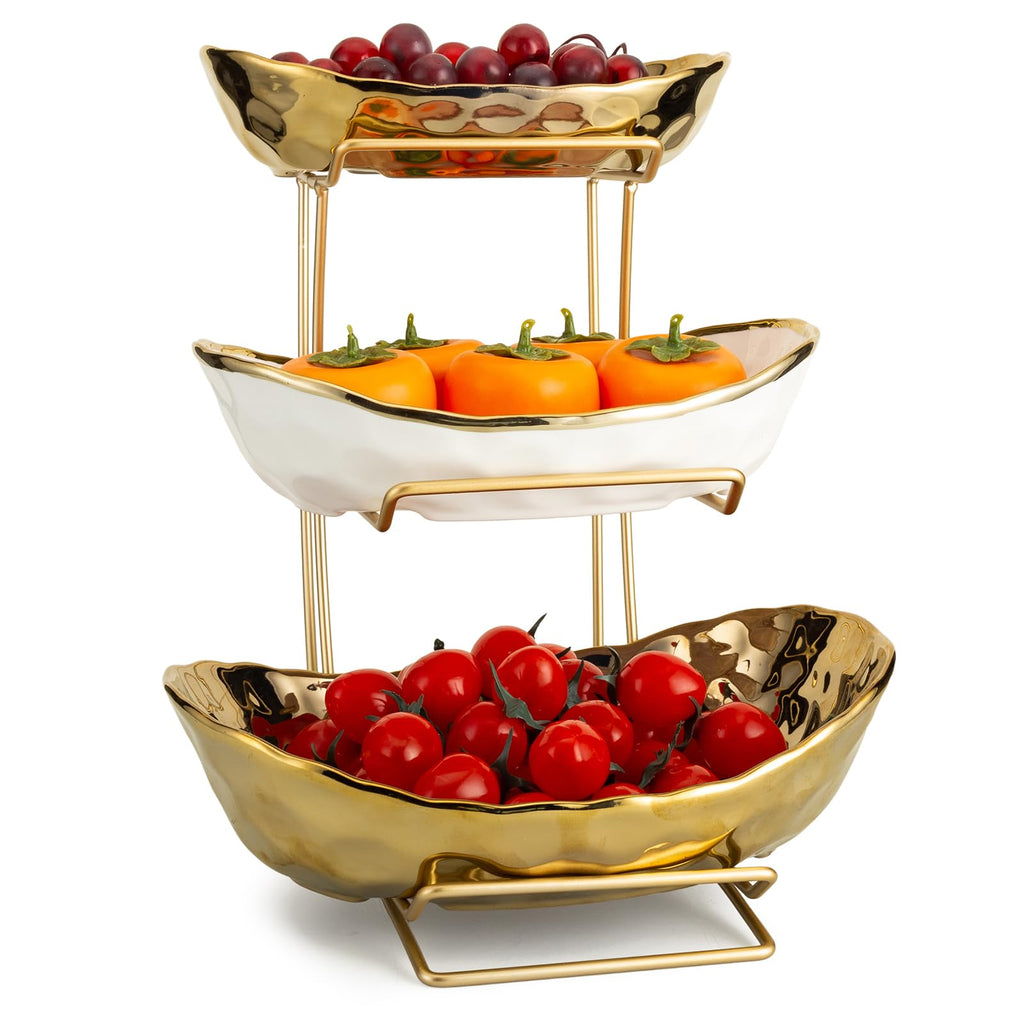 3 Tier White Gold Ceramic Fruit Bowl A9805