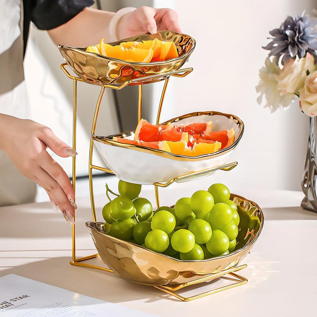 3 Tier White Gold Ceramic Fruit Bowl A9805