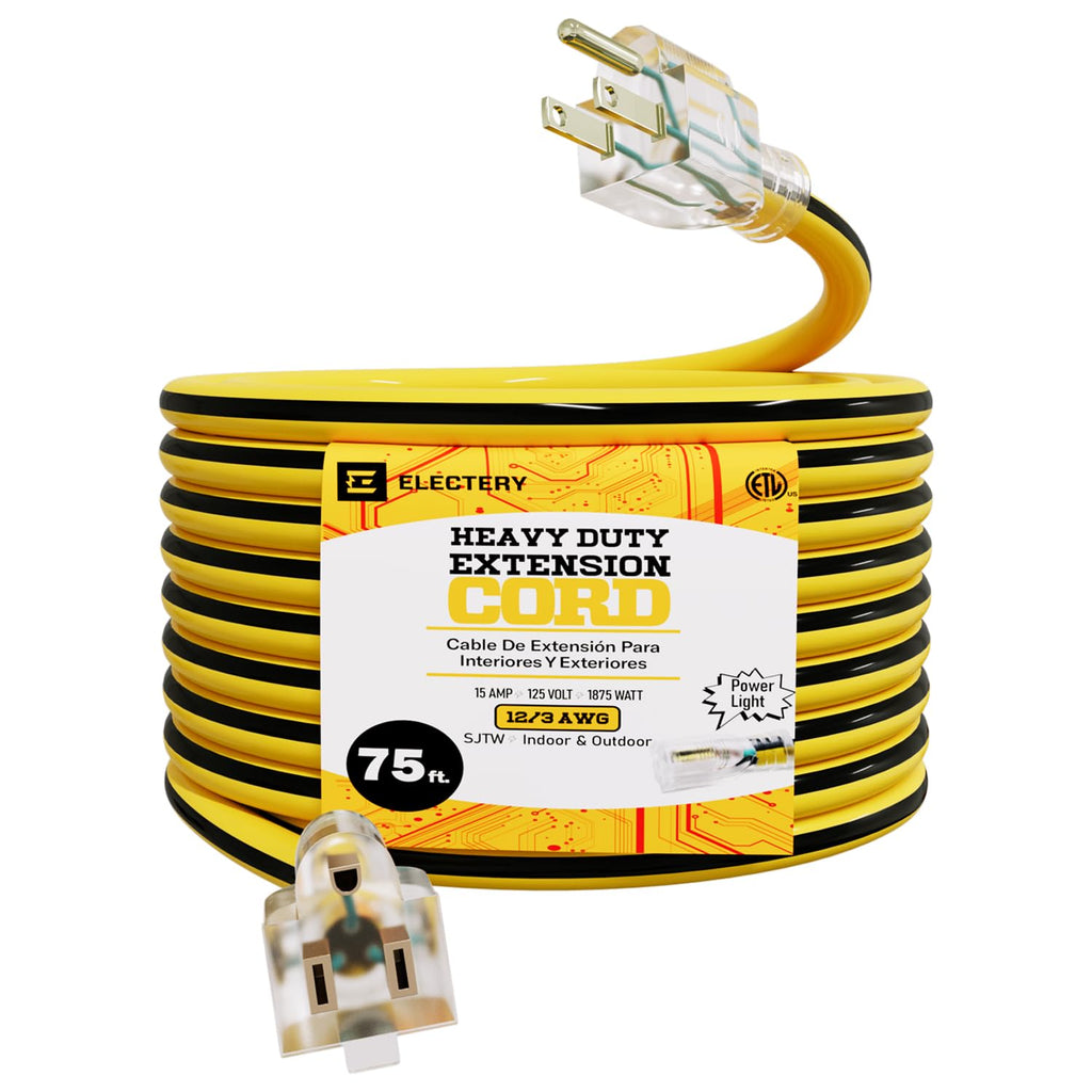12 Gauge 75 Ft Heavy Duty Extension Cord SJTW Yellow 15Amp 1875W E97168