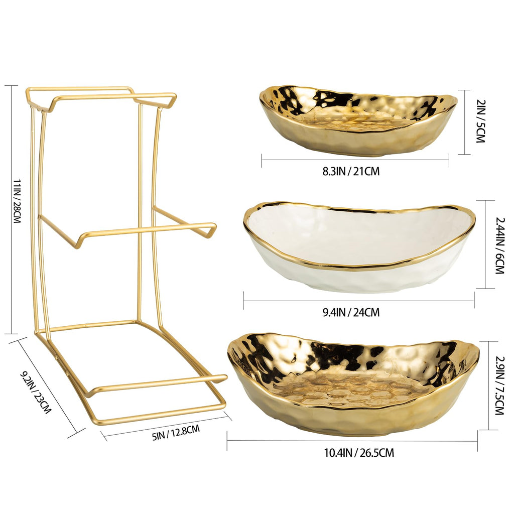 3 Tier White Gold Ceramic Fruit Bowl A9805