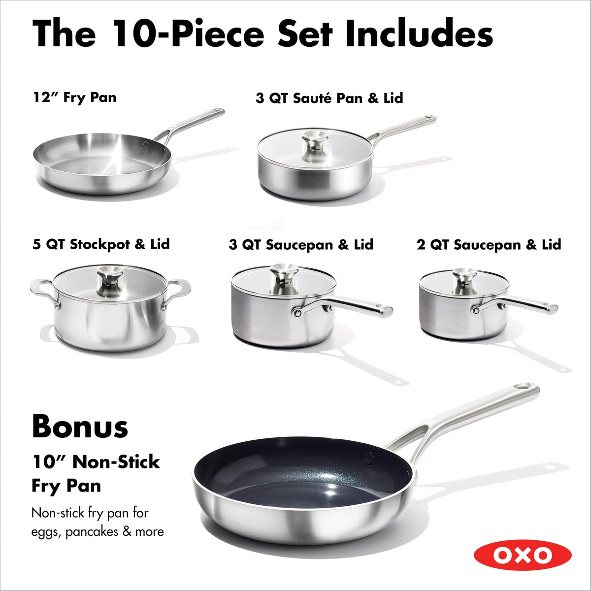 10 Piece Stainless Steel Cookware Set with Ceramic Nonstick Frying Pan I45761