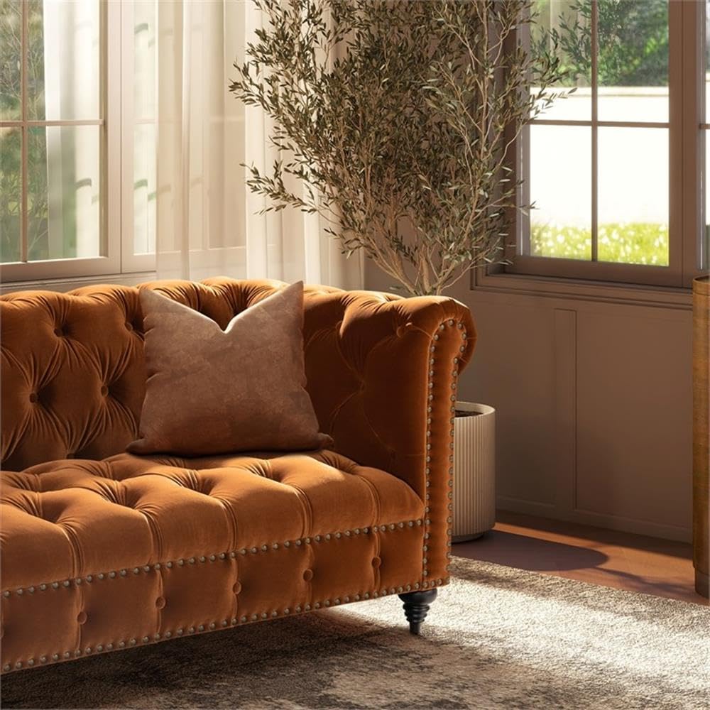 Burnt Orange Velvet Tufted Chesterfield Sofa R258251