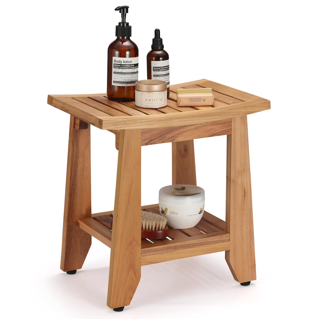 14'' Waterproof Teak Shower Bench with Storage Shelf X1191
