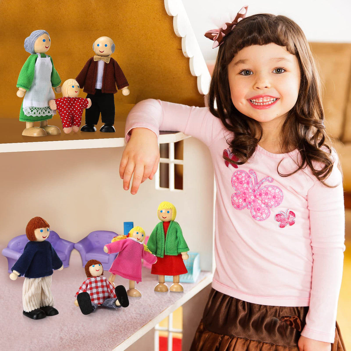 Wooden Dollhouse People Set of 7 Mini Dolls B185