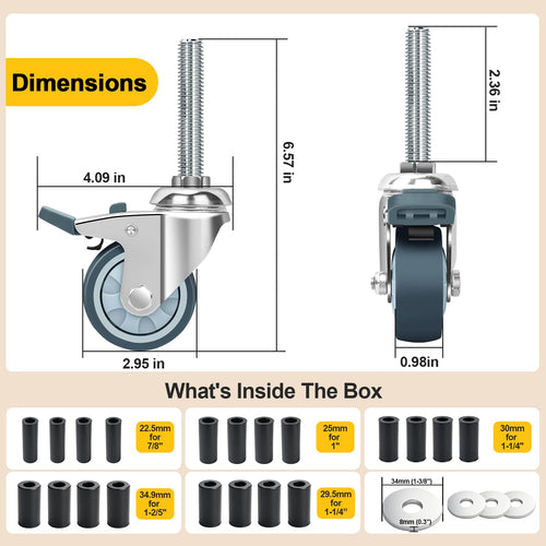 2 Inch Expanding Stem Caster Wheels with Locking Brake Set of 4 O26248