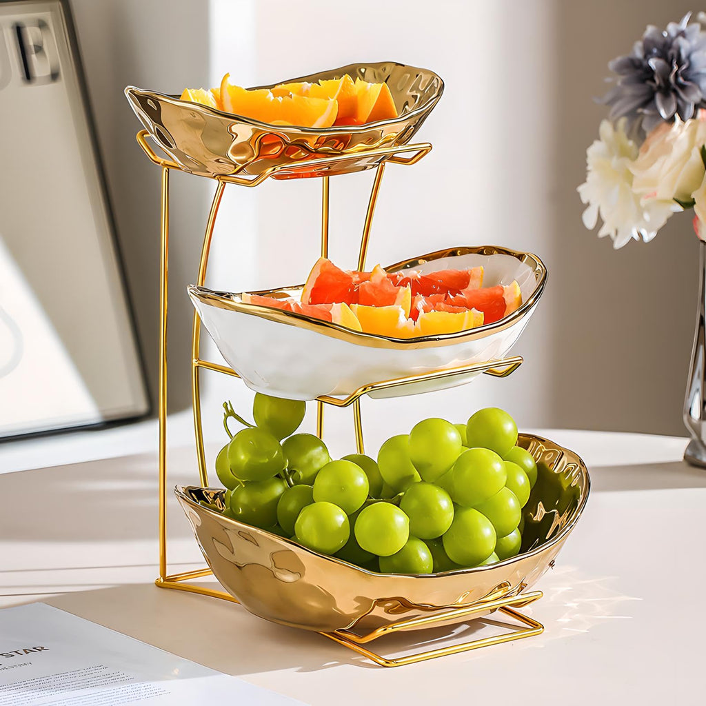3 Tier White Gold Ceramic Fruit Bowl A9805