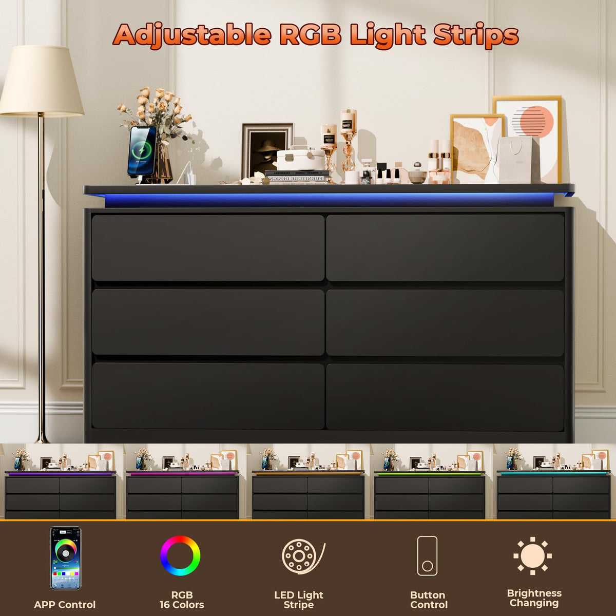 Black 6 Drawer Wood Dresser with Charging Station X6183