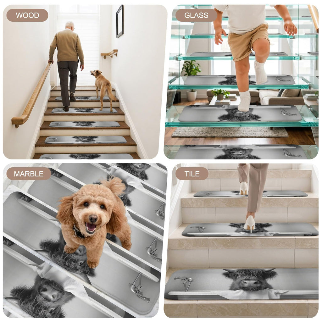 Highland Cow Non Slip Carpet Stair Treads Set of 4 Grey 30"x8" S128