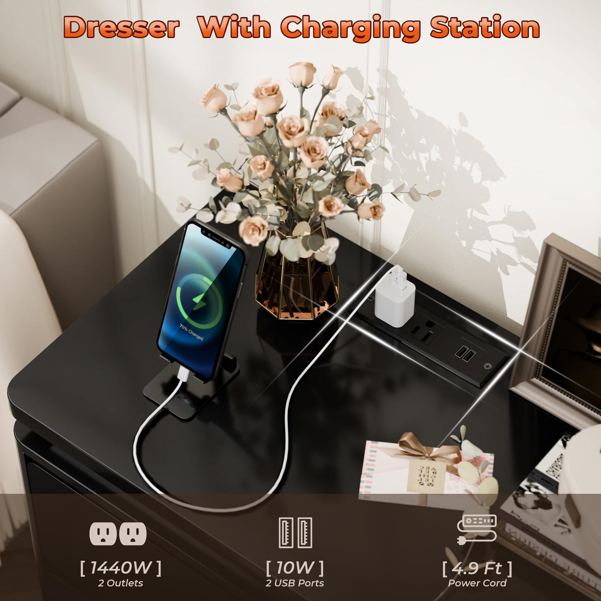Black 6 Drawer Wood Dresser with Charging Station X6183