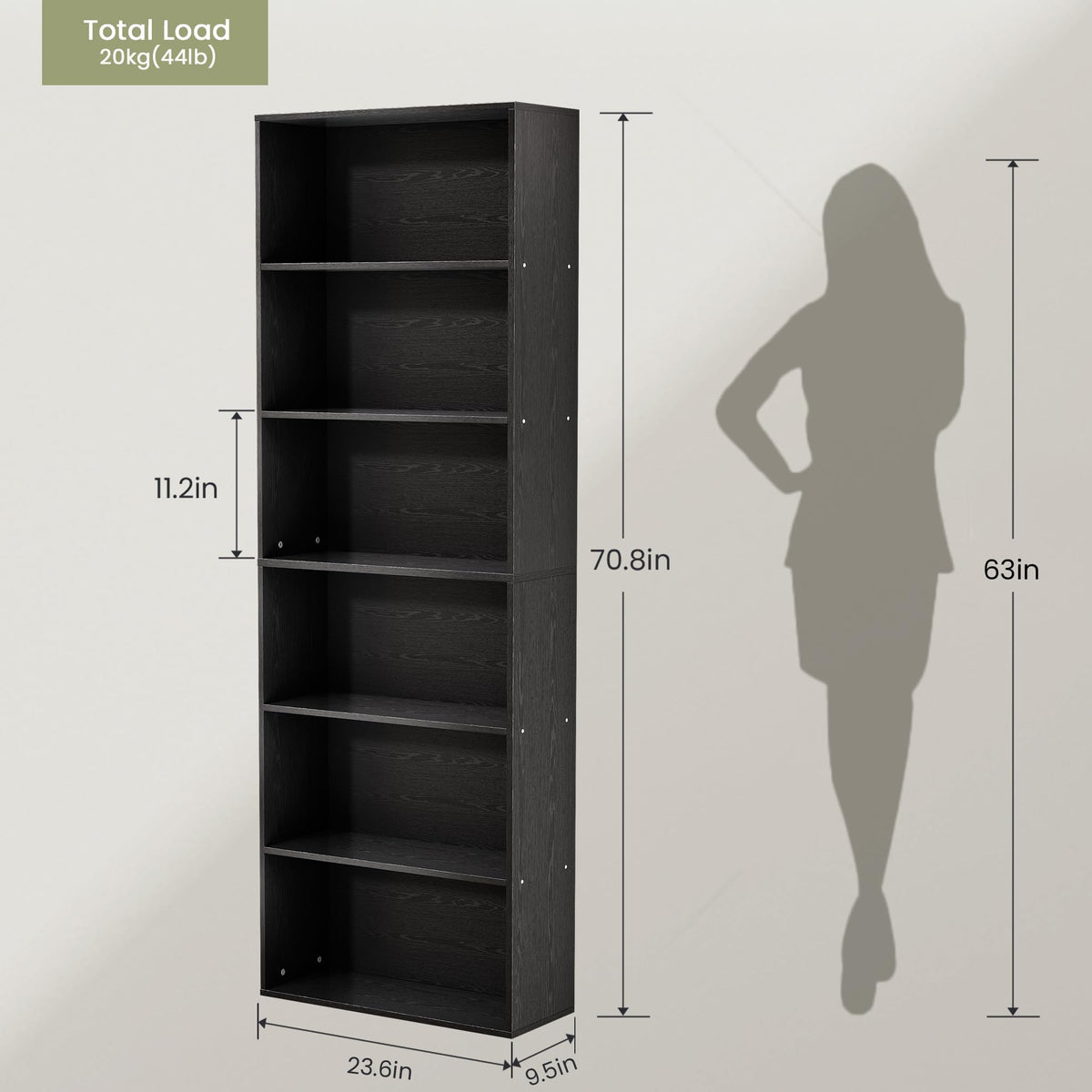 71" Tall 6-Tier Black Bookshelf O933261