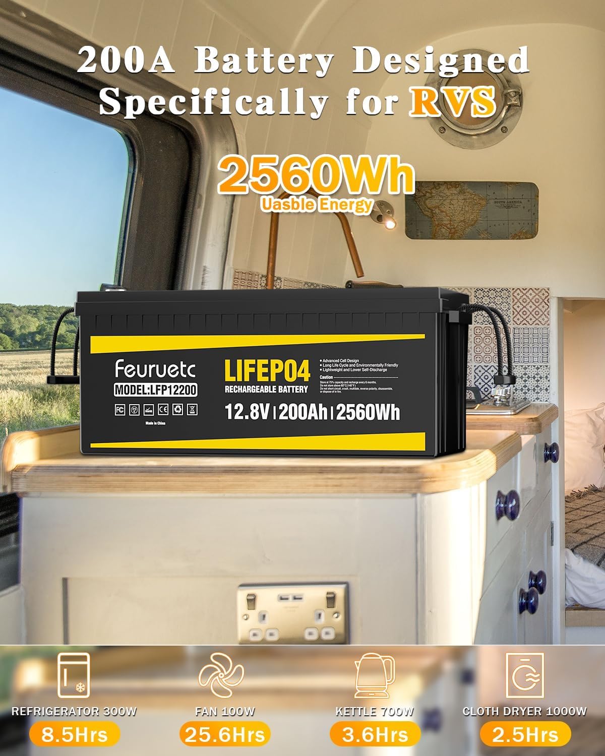 12V 200Ah LiFePO4 Deep Cycle Lithium Battery with 200A BMS V877