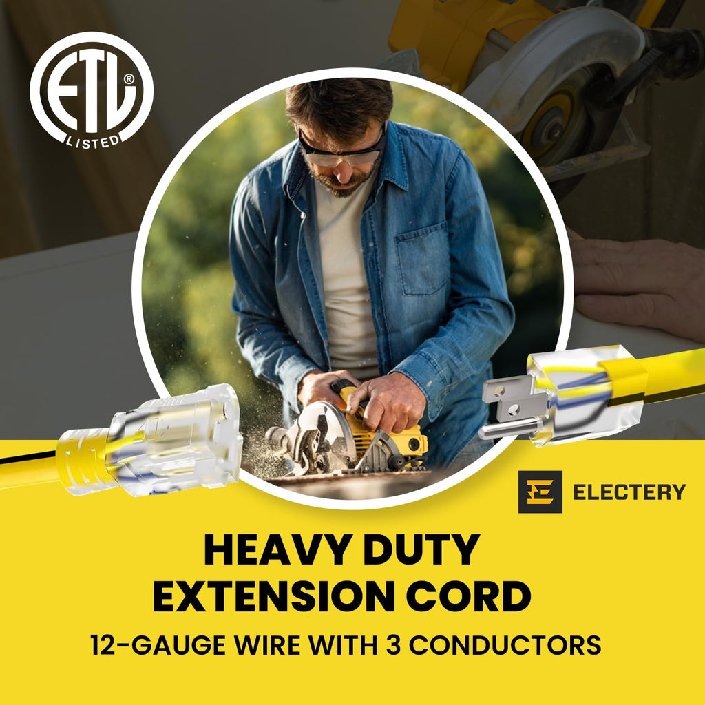 12 Gauge 75 Ft Heavy Duty Extension Cord SJTW Yellow 15Amp 1875W E97168