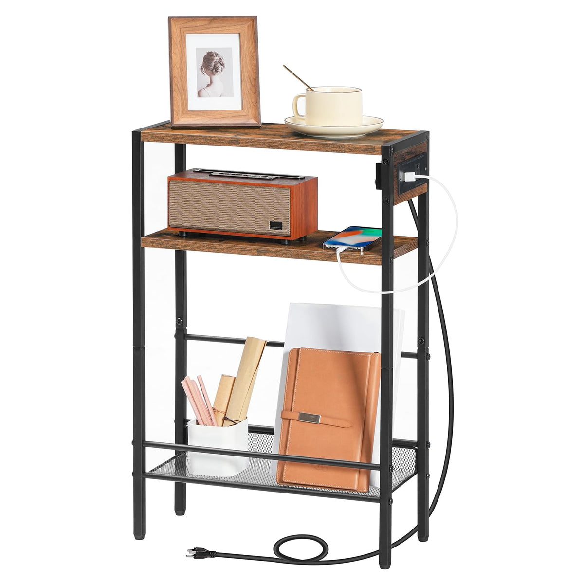 Small Narrow Side Table with Charging Station and Storage Shelf G165954
