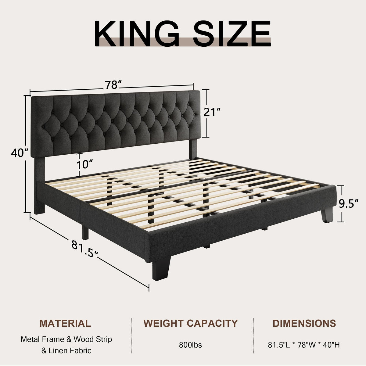 King Size Upholstered Platform Bed with Headboard Q2643