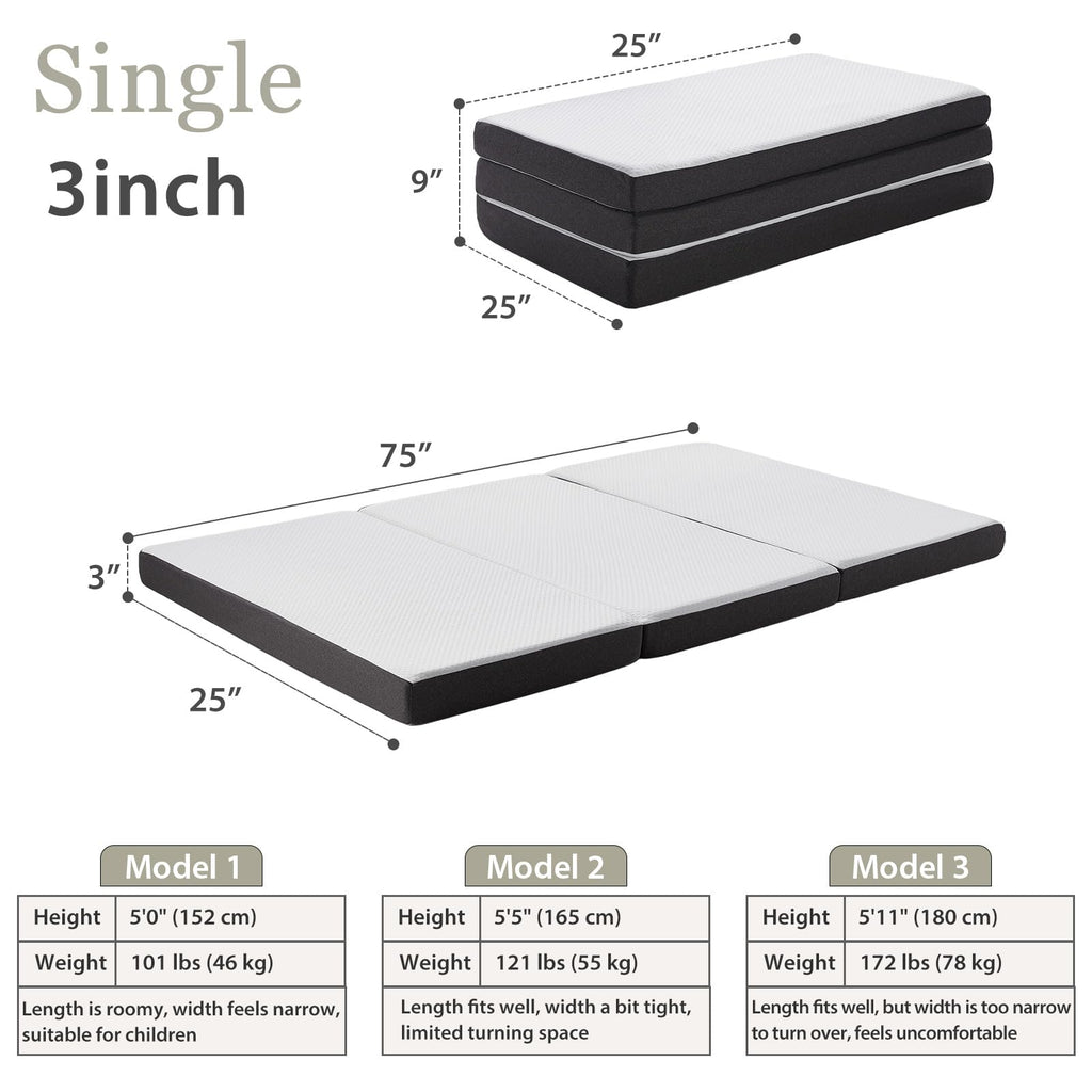 3 inch Tri Fold Memory Foam Mattress with Washable Cover A98357