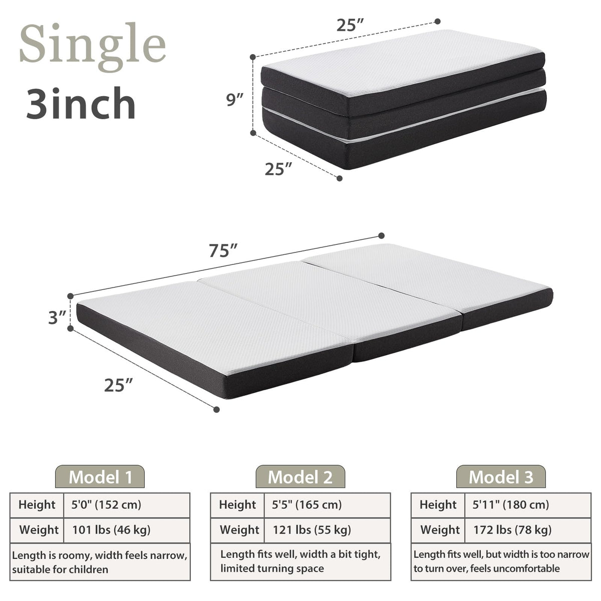 3 inch Tri Fold Memory Foam Mattress with Washable Cover A98357