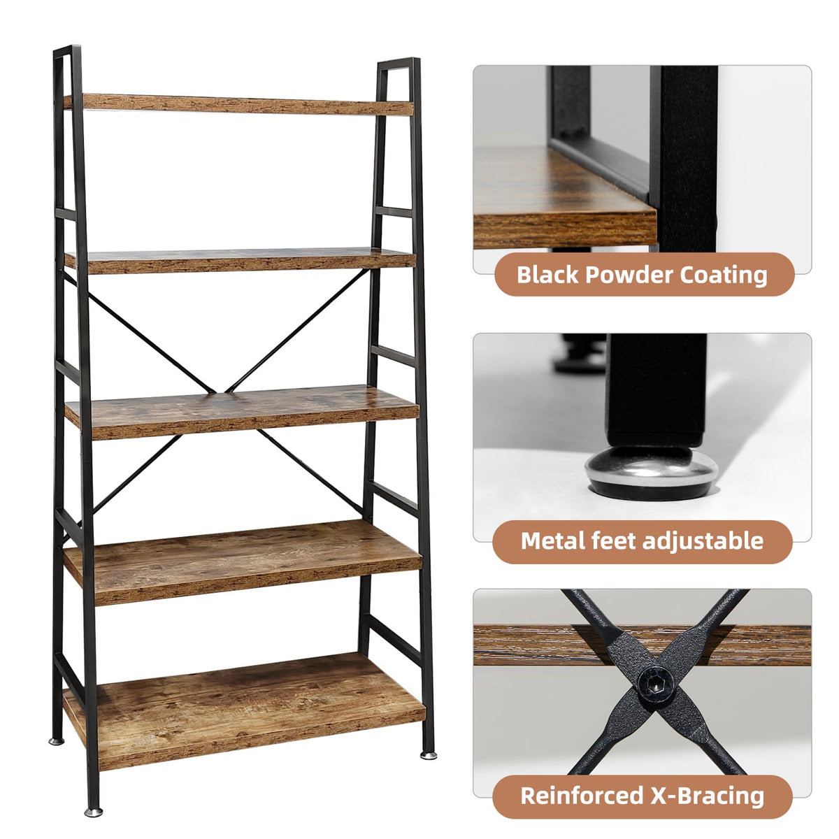 5 Tier Rustic Brown Wood and Metal Bookshelf E49880