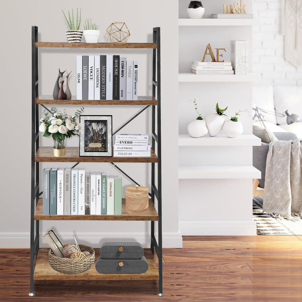 5 Tier Rustic Brown Wood and Metal Bookshelf E49880