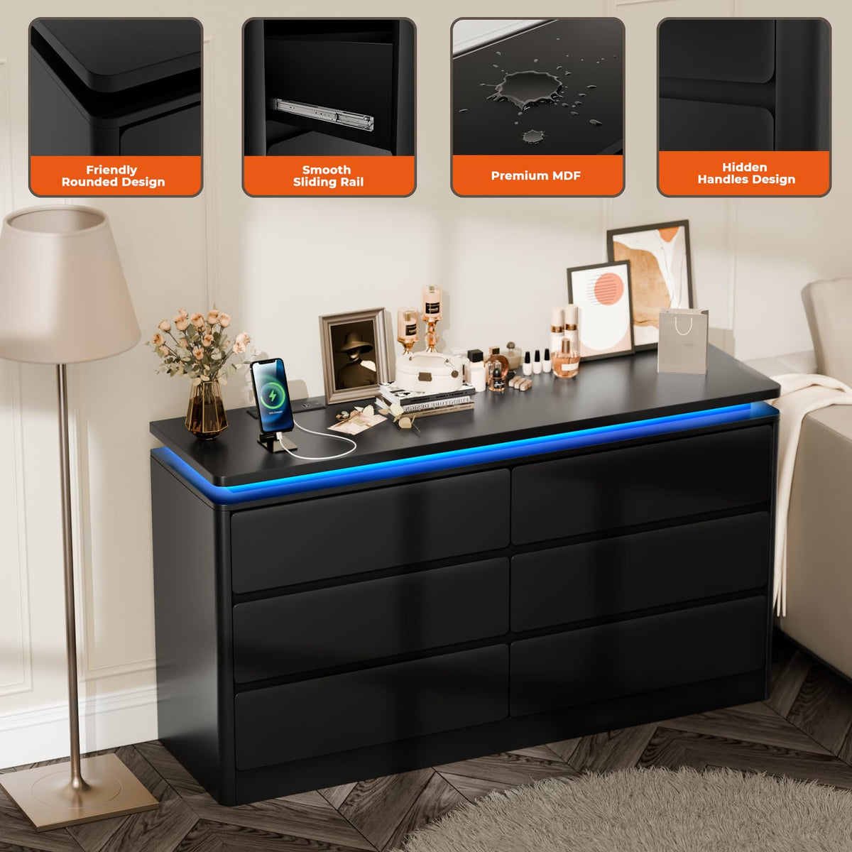 Black 6 Drawer Wood Dresser with Charging Station X6183