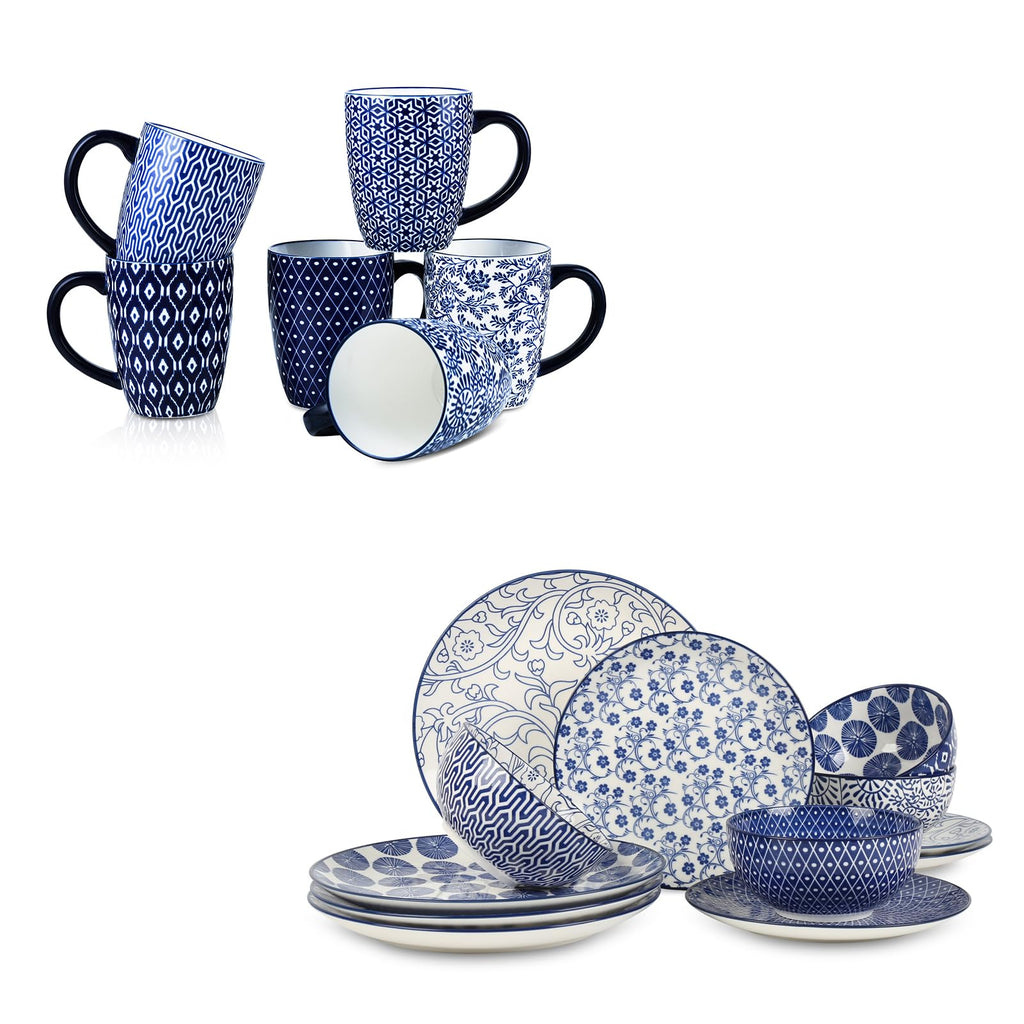 Ceramic Coffee Mugs Set 16 oz + Dinnerware Sets 12-Pieces G474
