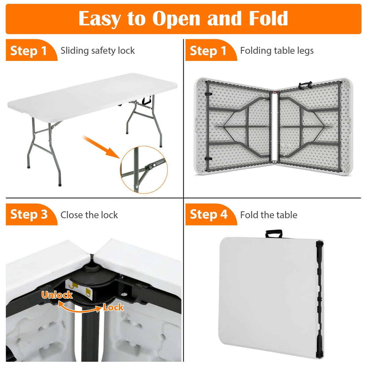 Portable Folding Table 6 FT Long with Handle White D974