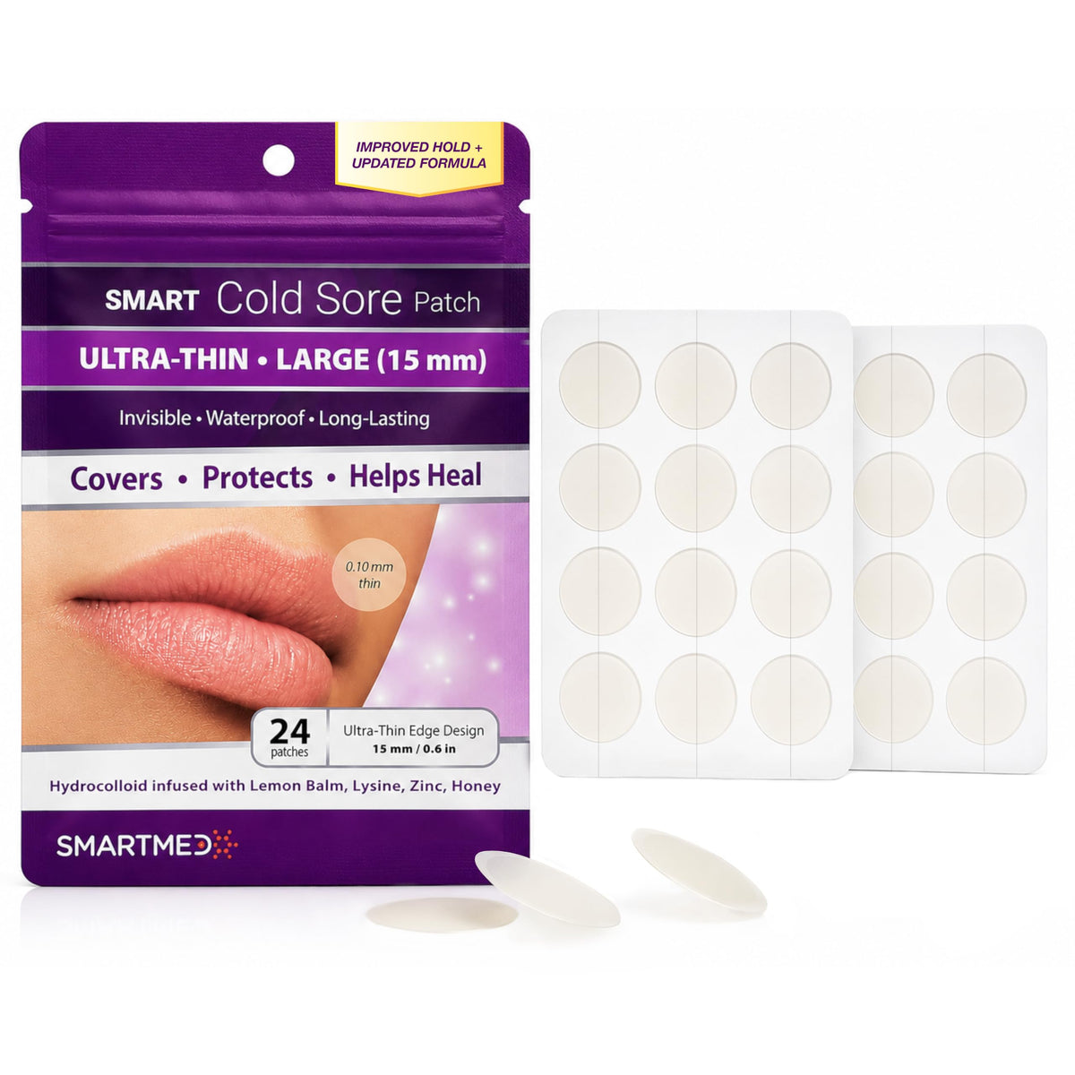 15 mm Hydrocolloid Cold Sore Patches with Lysine, Honey, Zinc & Lemon Balm, 24 Count J904