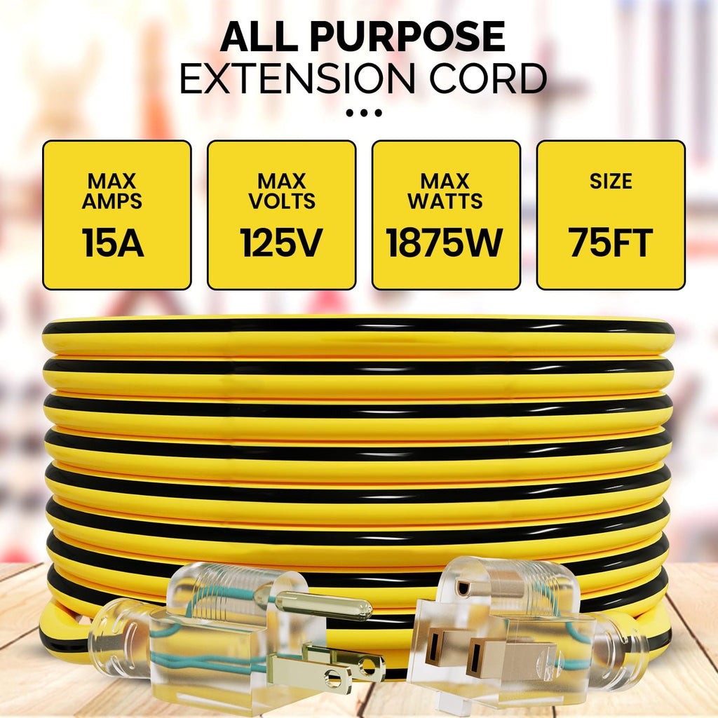 12 Gauge 75 Ft Heavy Duty Extension Cord SJTW Yellow 15Amp 1875W E97168