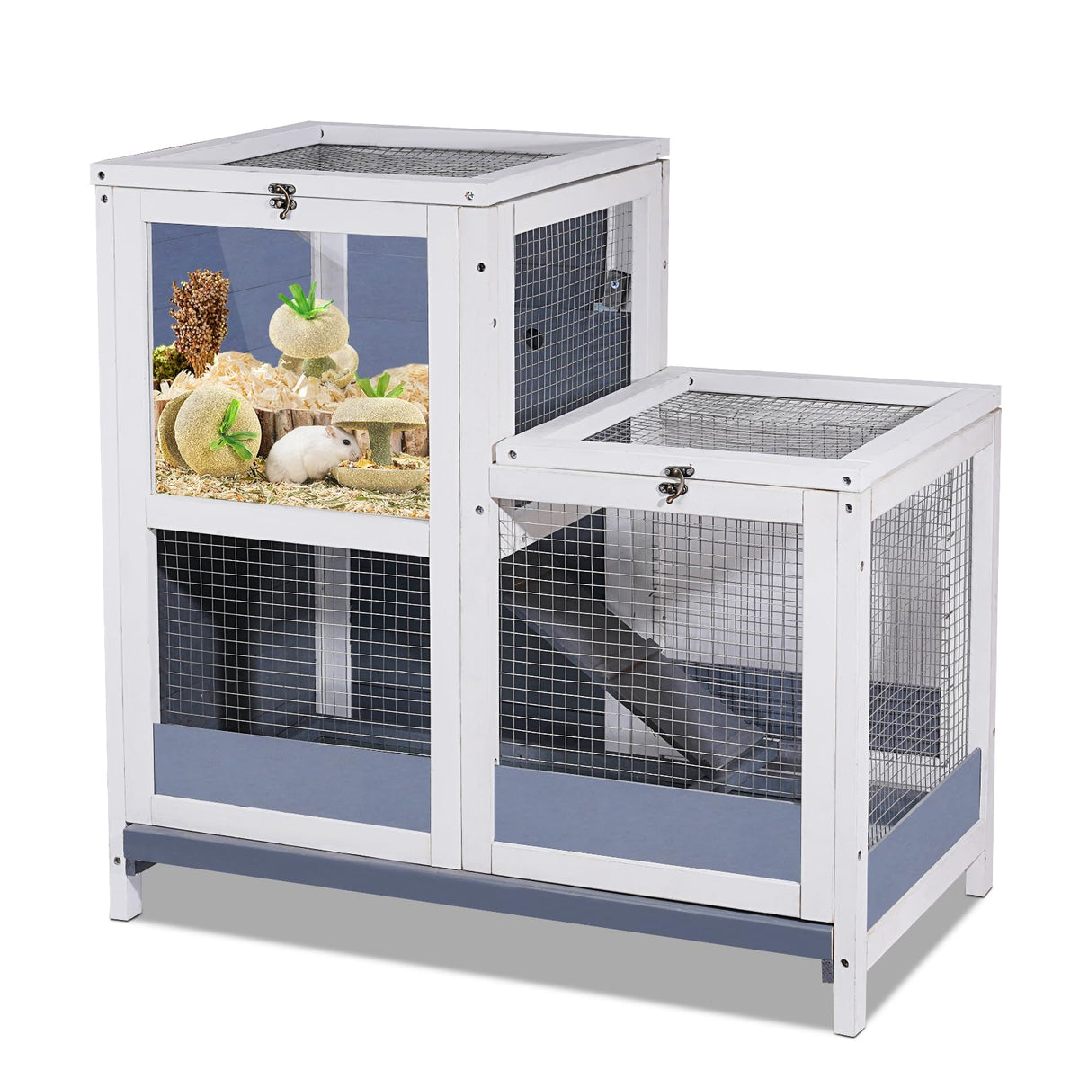 2-Story Wooden Small Animal Cage with Removable Tray and Ramp H600056